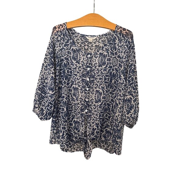 Tantrums Women’s Blouse Top Size 2X Dark Blue & White Buttons Ties Semi Sheer - Picture 1 of 10
